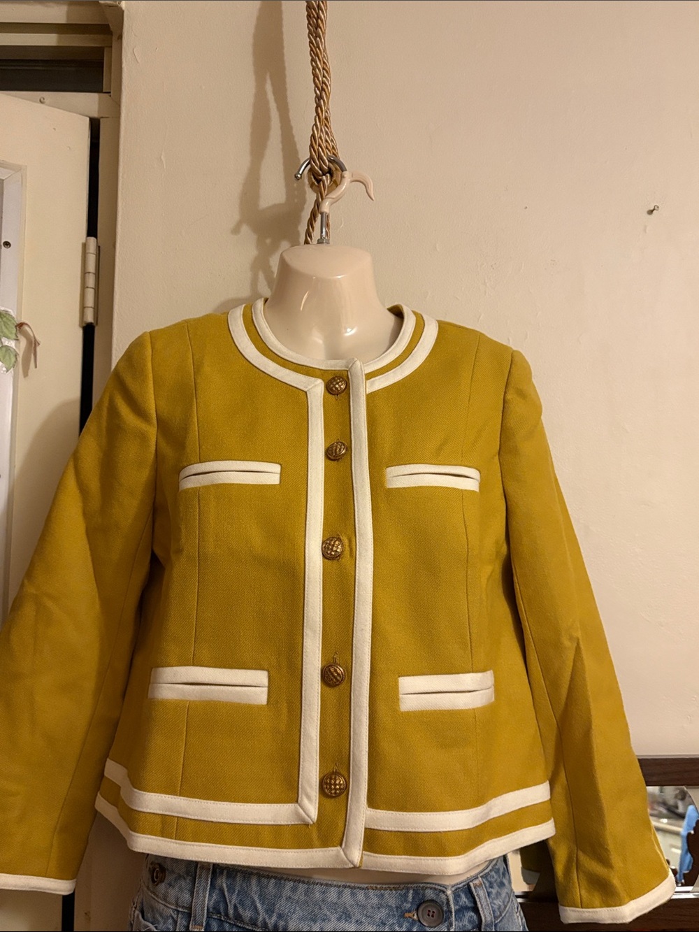 J. Crew Mustard Yellow Collarless Blazer with White Trim. 100. Wool